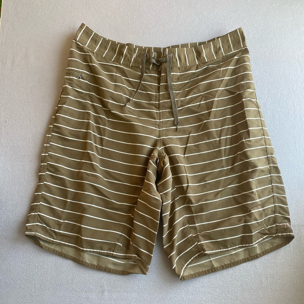 Patagonia Olive and White Striped Swim Trunks
